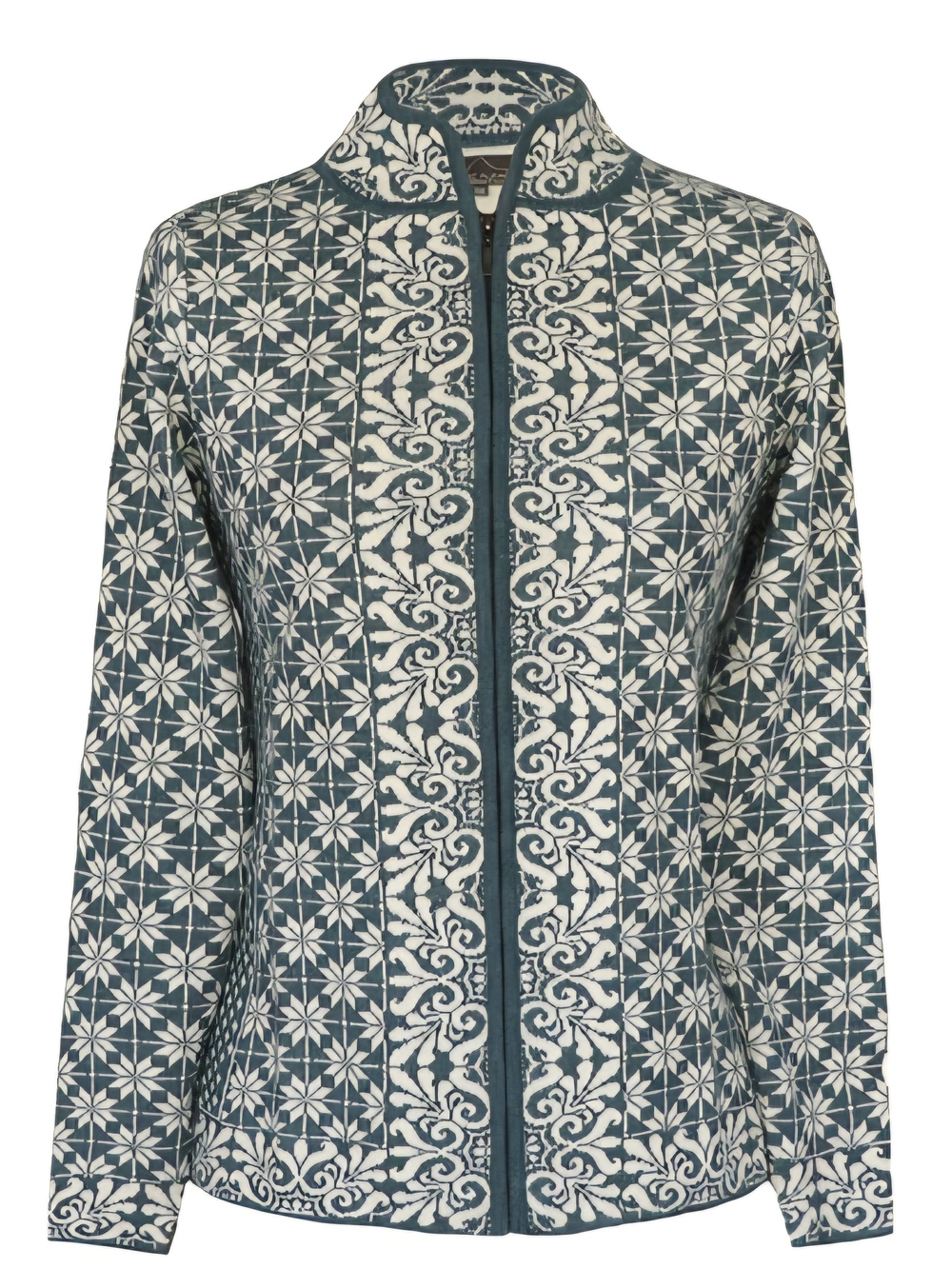 Aplaca Embroidered Teal & White Zip-Front Cardigan Jacket Sweater Nordic M